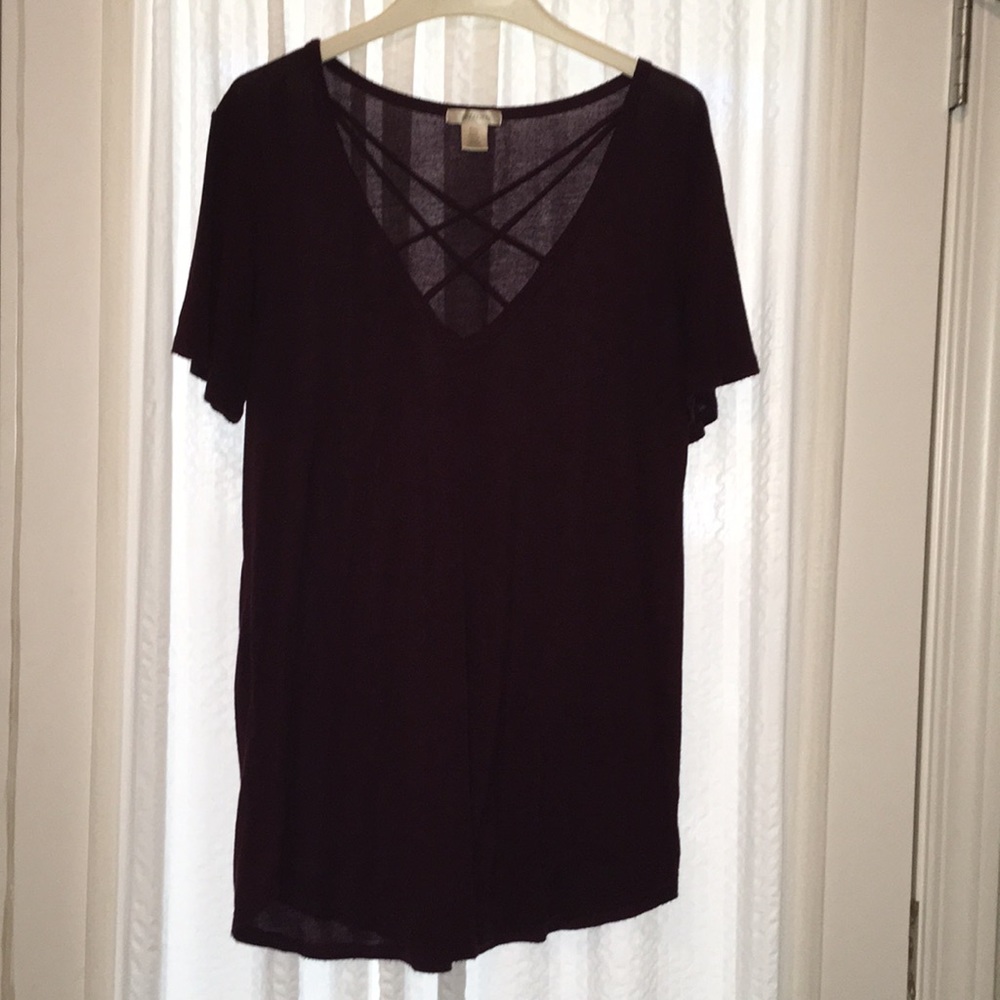 Wine colored, criss-cross shirt